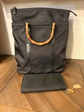 Vintage Gucci Bamboo Handle Nylon Tote Bag Black Italy With Matching Wallet